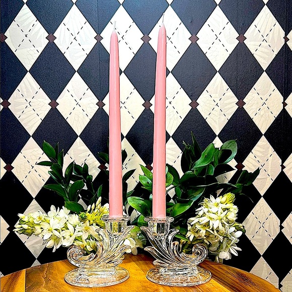 Vintage Fostoria Baroque Etched Candle Holders| Depression Glass| Midcentury - Picture 4 of 13